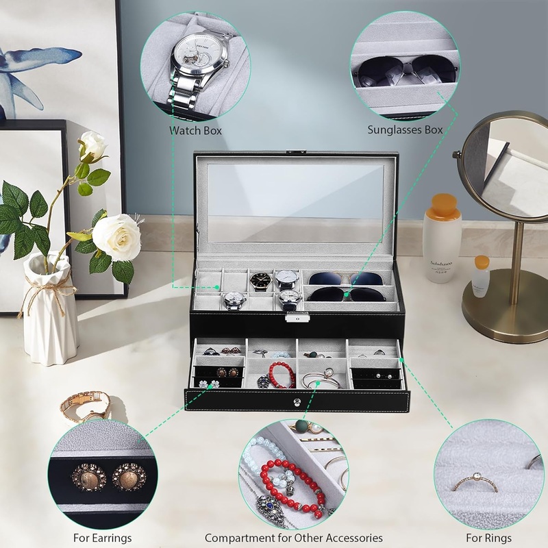 PU Leather Jewelry Organizer Box Lockable with Glass Top, Black