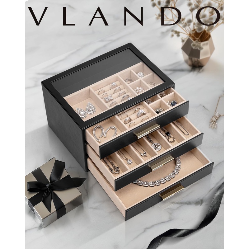 PU leather Jewelry Organizer with 3 Drawers & Glass Lid, Black