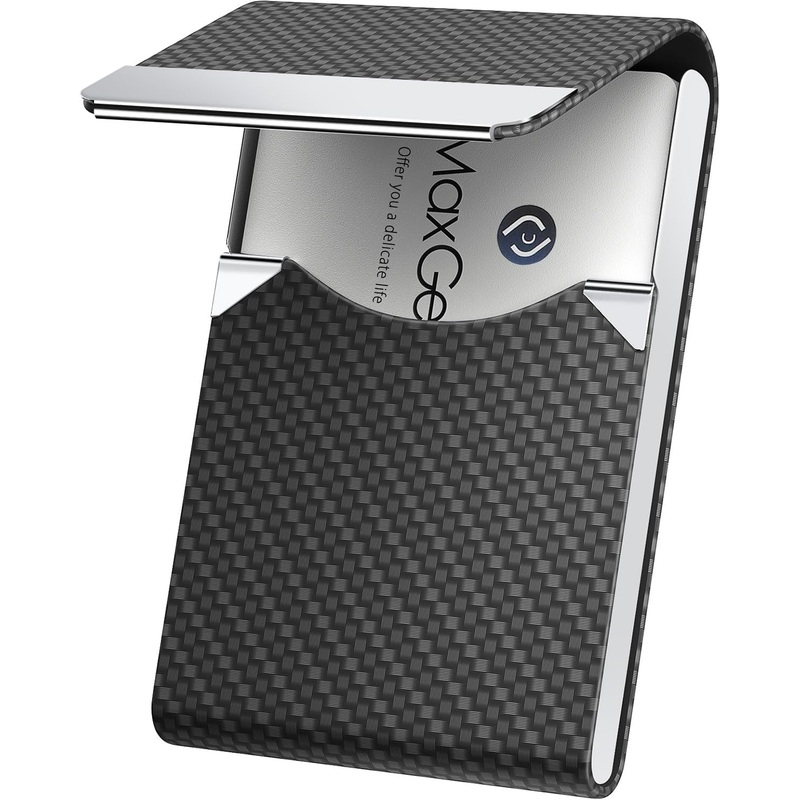 PU Leather Metal Slim Magnetic Business Card Holder - Black Carbon
