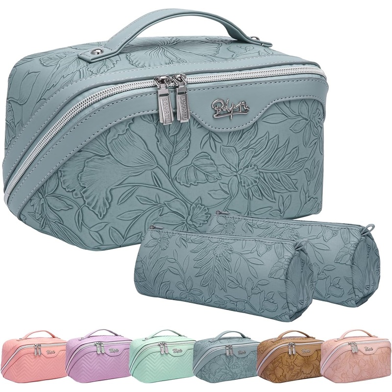 PU Leather Travel Makeup Bag and Organizer Bag Set with Divider & Handle, Light Blue