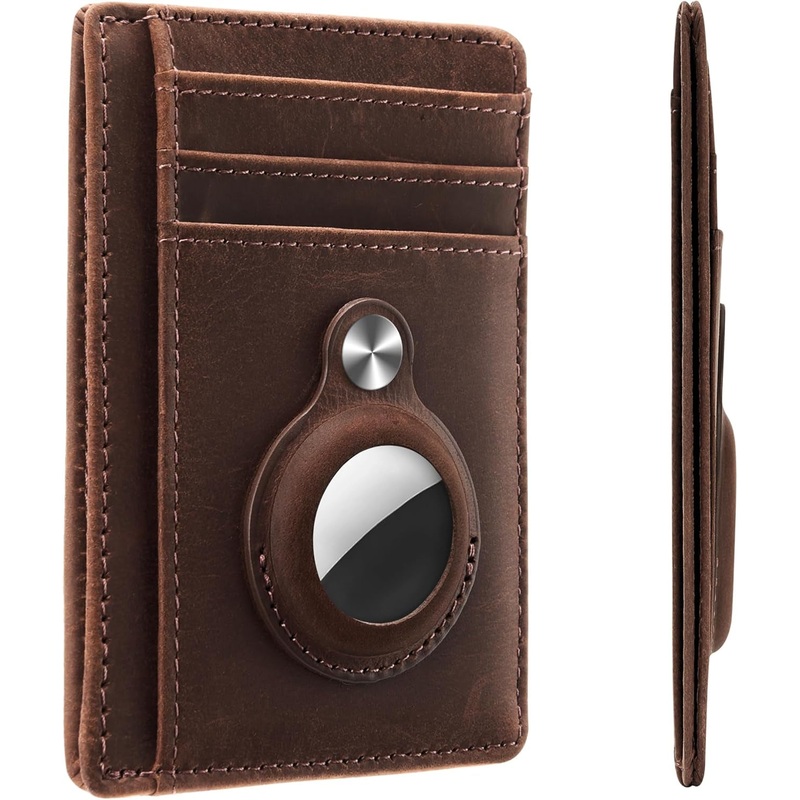 Slim Genuine Leather Front Pocket Wallet with Airtag Holder & ID Window