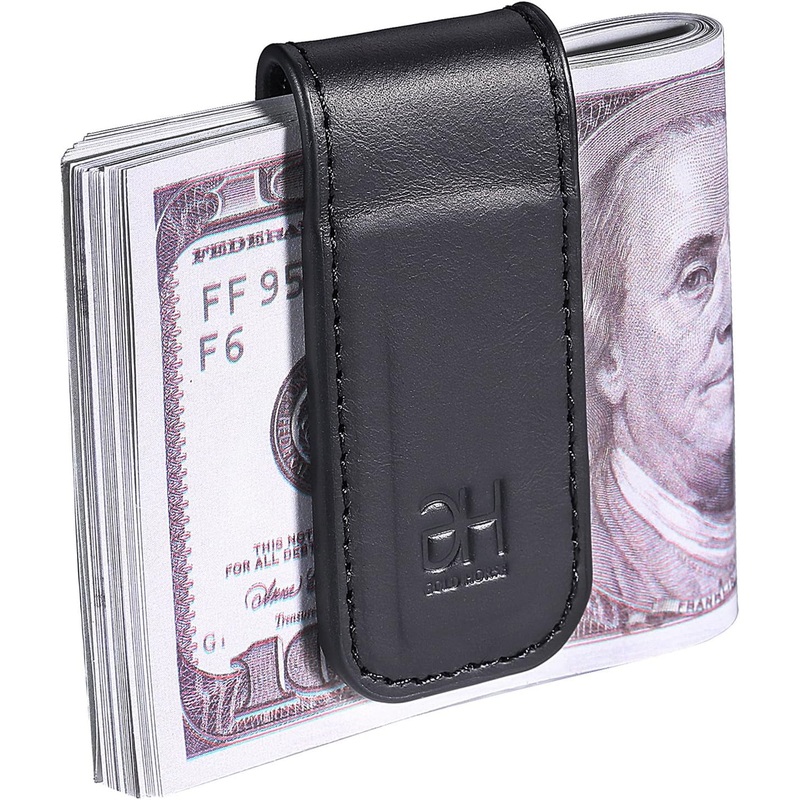 Slim Magnetic Money Clip Genuine Leather Card Holder for Men, Black
