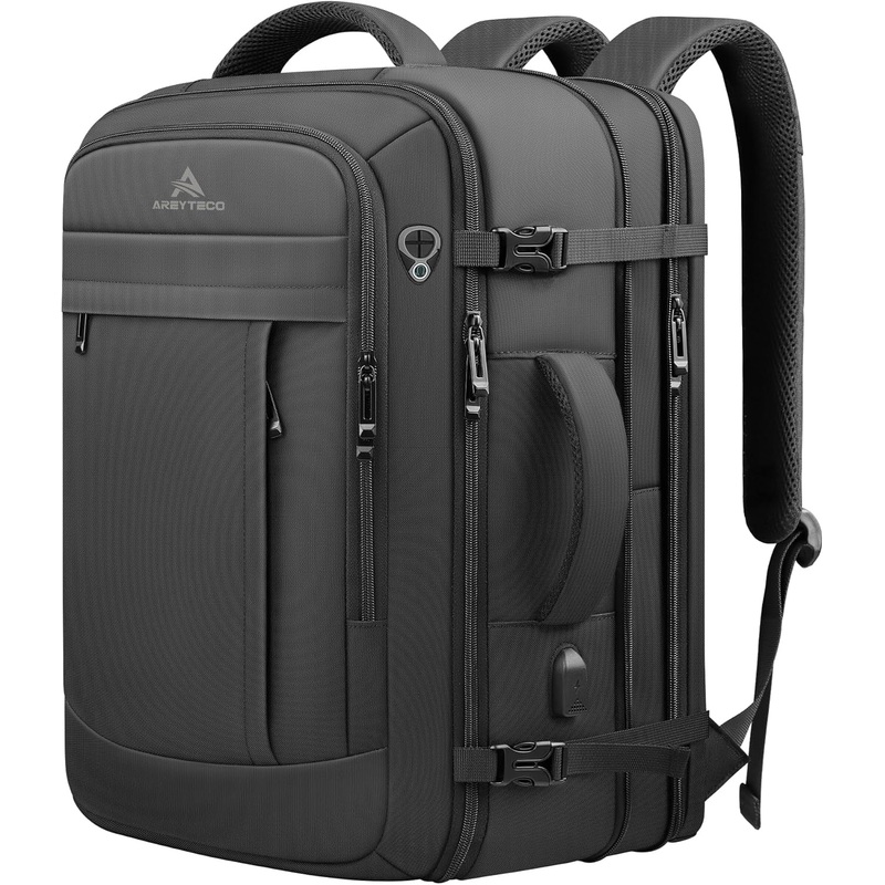 Travel Backpack, 50L Expandable Extra Large Laptop Backpack, Carry on Backpack Airline Approved Water Resistant Business Suitcase Daypack Bag Fits 17 Inch Laptops, Travel Gifts for Men Women, Black