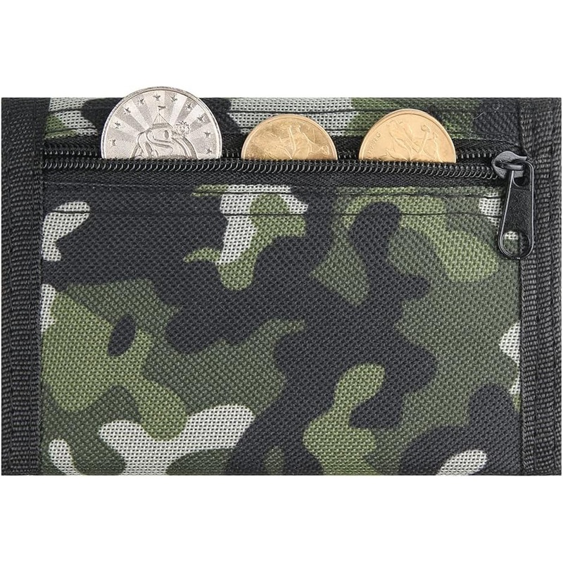 Trifold Canvas Kids Wallet with Zip Coin Pocket and Magic Sticker, Camo Green