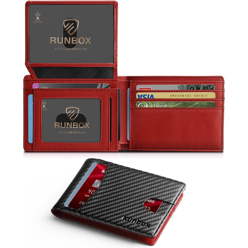 Trifold Genuine Leather Wallet for Men With 2 ID Window-Red