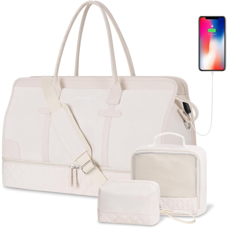 Weekend Travel Bag with Shoe Compartment and USB Charging Port, Gym Bag