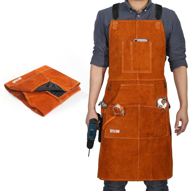 Welding Work Apron with 6 Tool Pocket, Heat Flame Resistant Cowhide Apron, Brown
