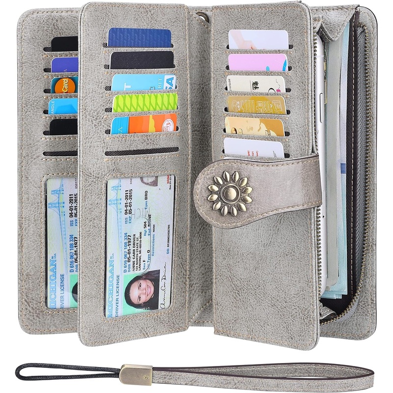 Womens Genuine Leather Clutch Wallet with Wrist Strap