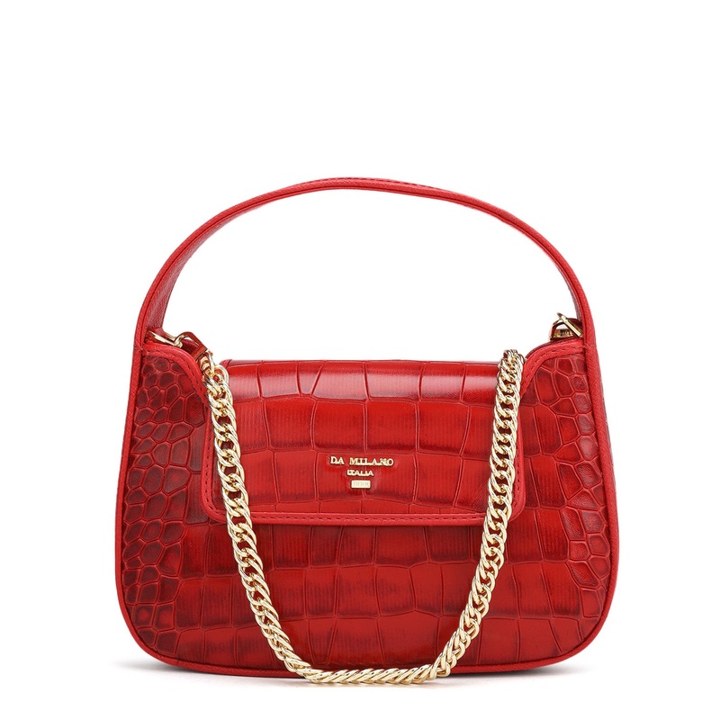 Small Croco Leather Baguette - Red