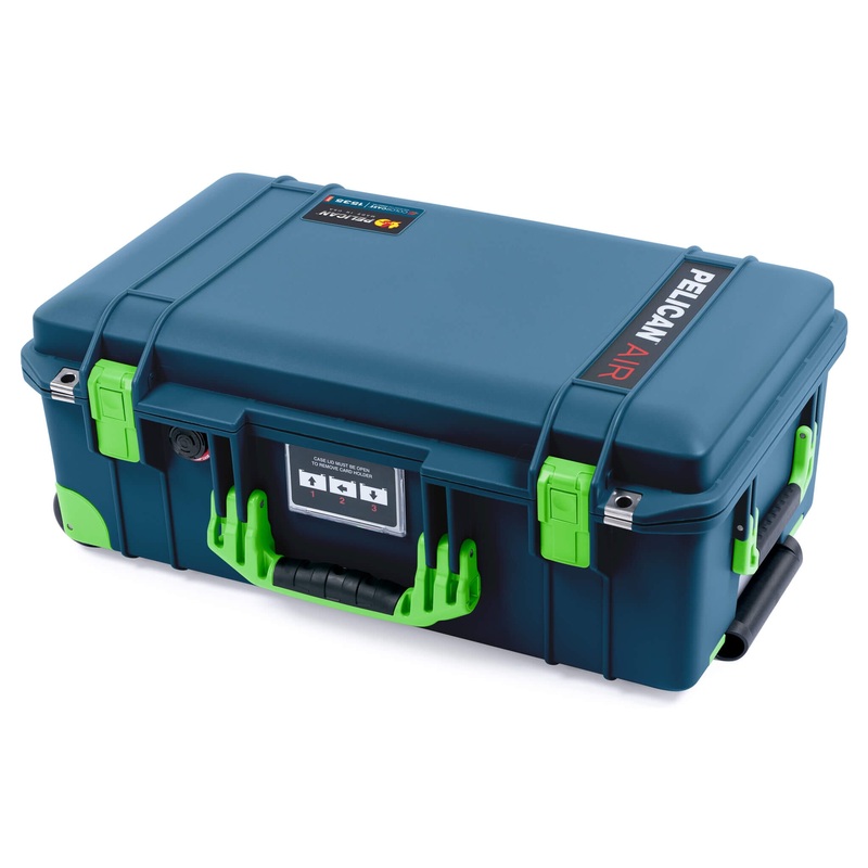Pelican 1535 Air Case, Deep Pacific with Lime Green Handles, Latches & Trolley