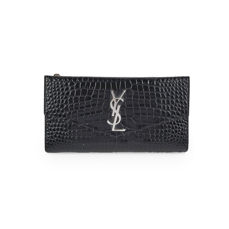 Saint Laurent Croc Embossed Wallet Clutch Black