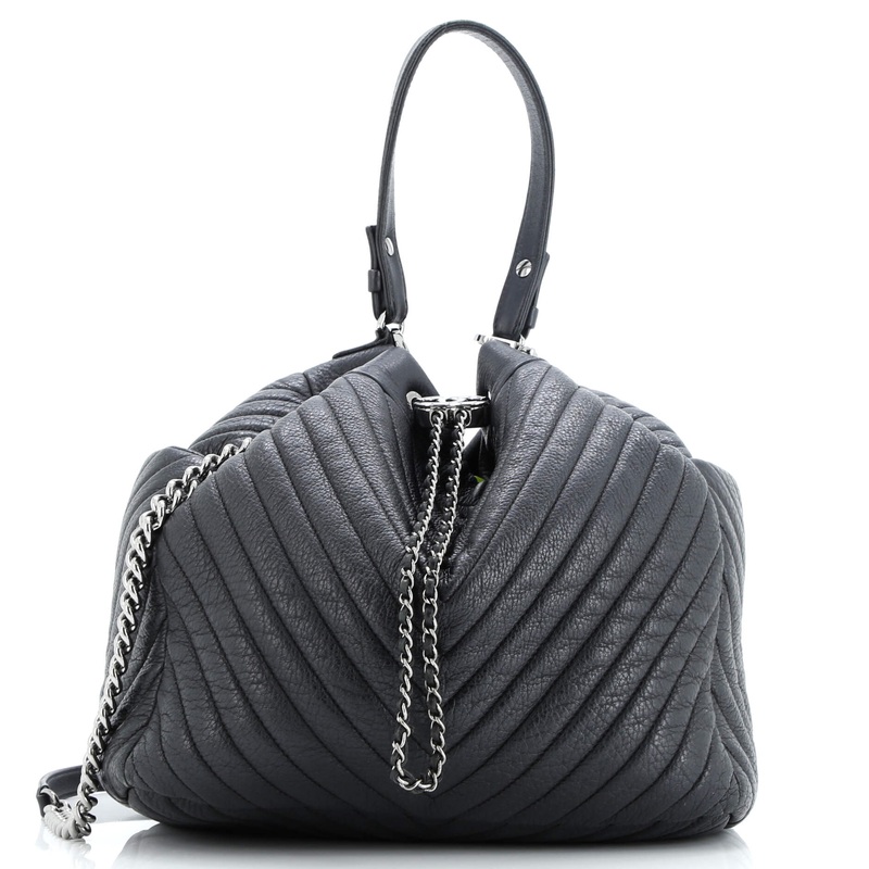 CC Chain Drawstring Bucket Bag Chevron Sheepskin Medium