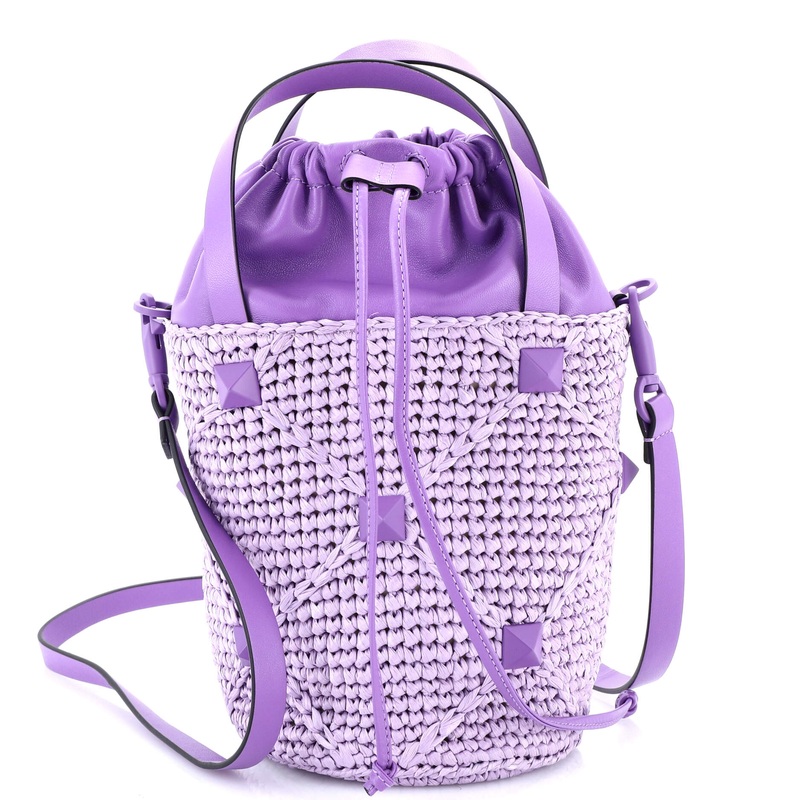 Roman Stud Bucket Bag Raffia and Leather