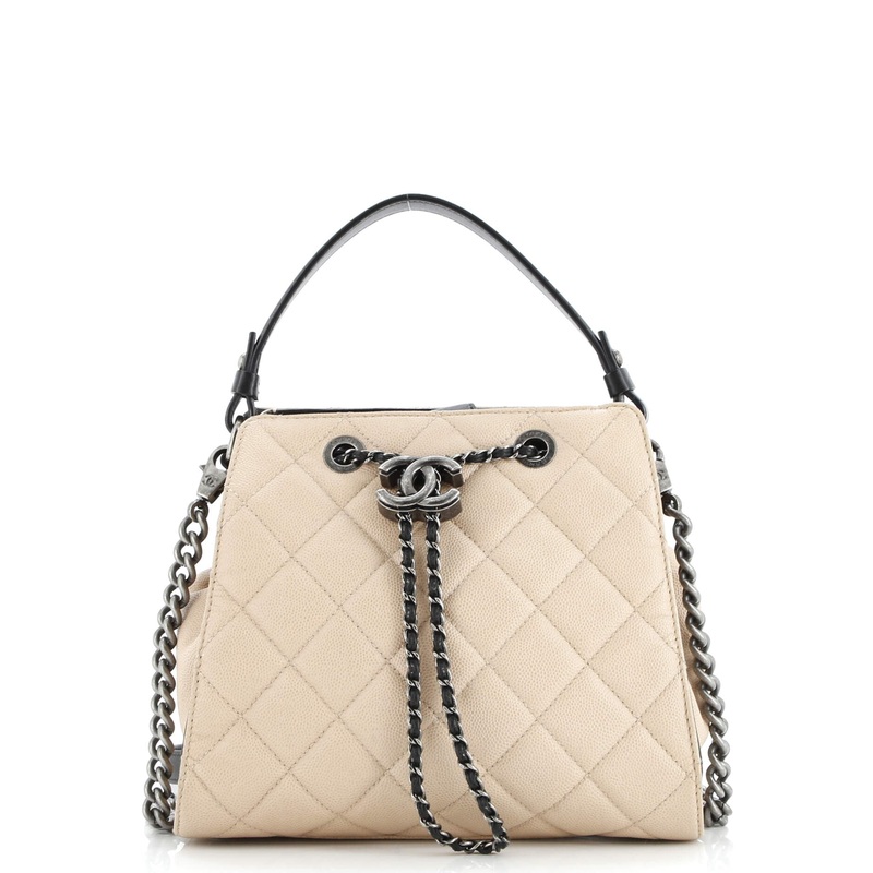 Top Handle CC Drawstring Bucket Bag Quilted Caviar Small