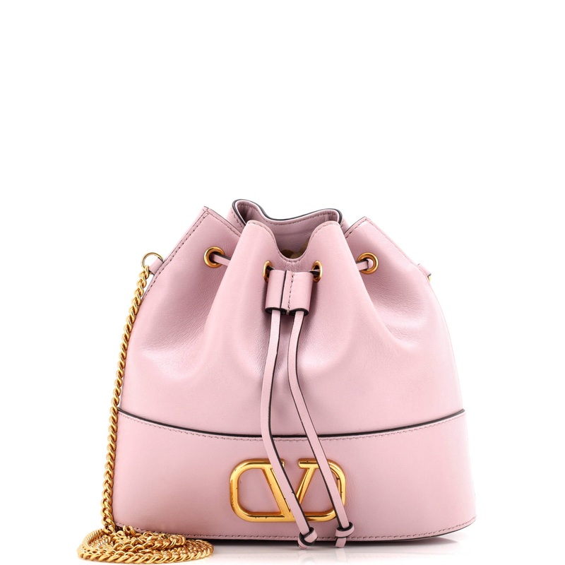 VLogo Drawstring Bucket Pouch Leather