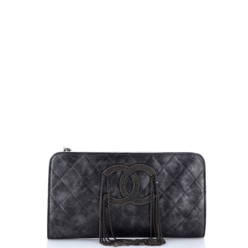 CC Chain Fringe Wristlet Clutch Quilted Leather