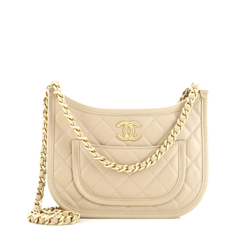 CC Front Pocket Chain Hobo Quilted Lambskin Medium