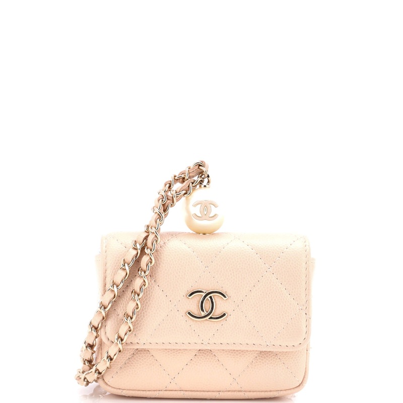 CC Pearl Coin Card Holder with Chain Quilted Iridescent Caviar