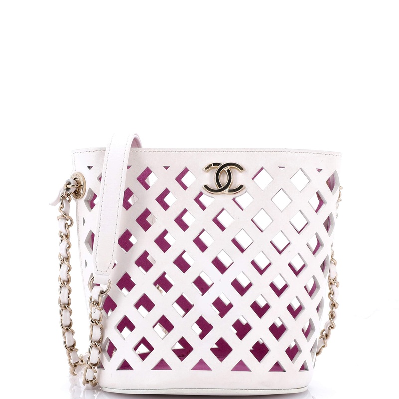 See Through Drawstring Bucket Bag Perforated Leather with Quilted Printed Canvas Small