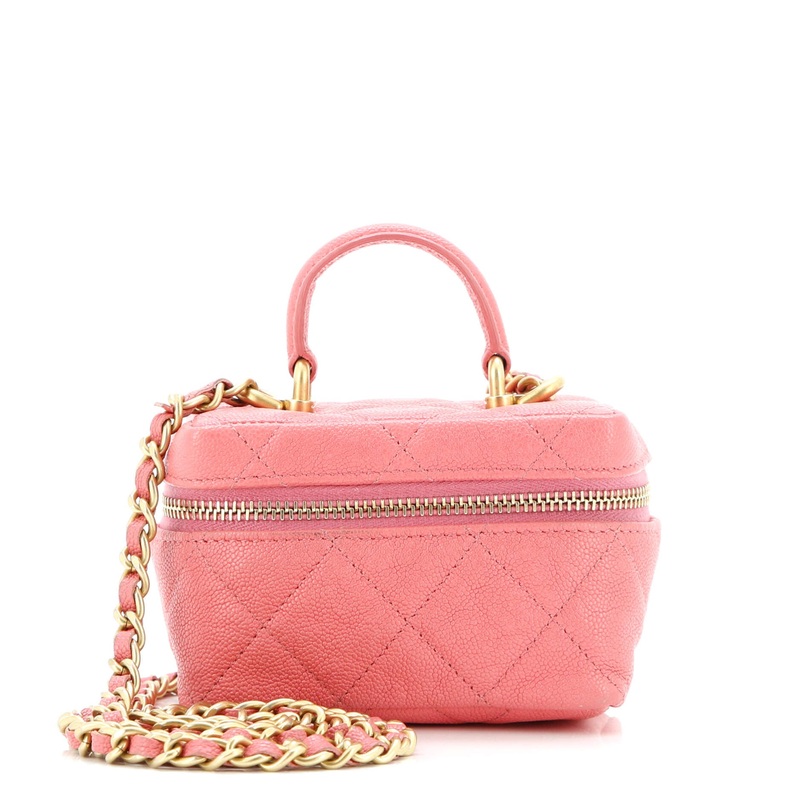 Top Handle Zip Around Vanity Case with Chain Quilted Caviar Mini