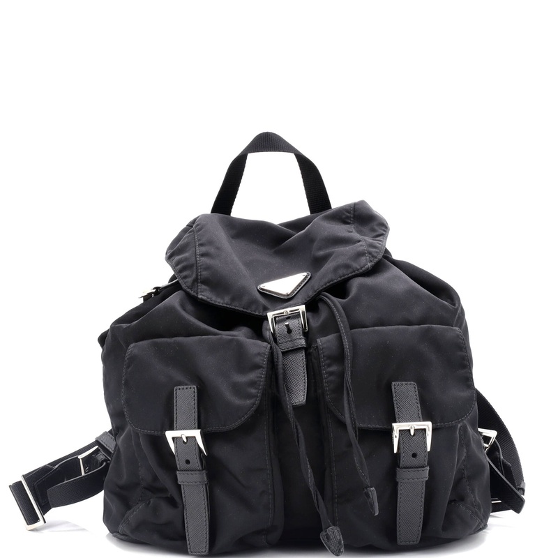 Double Front Pocket Backpack Re-Nylon with Leather Medium