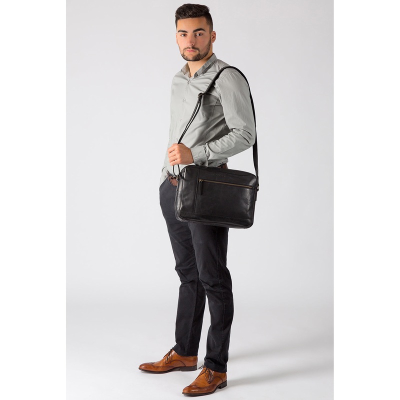 'Imola' Italian-Inspired Black Leather Messenger Bag