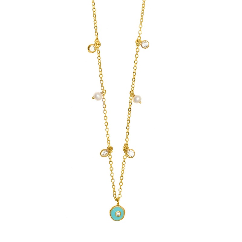 Gregio Yg Plated Necklace w/ White Zirconia & Fresh Water Pearl