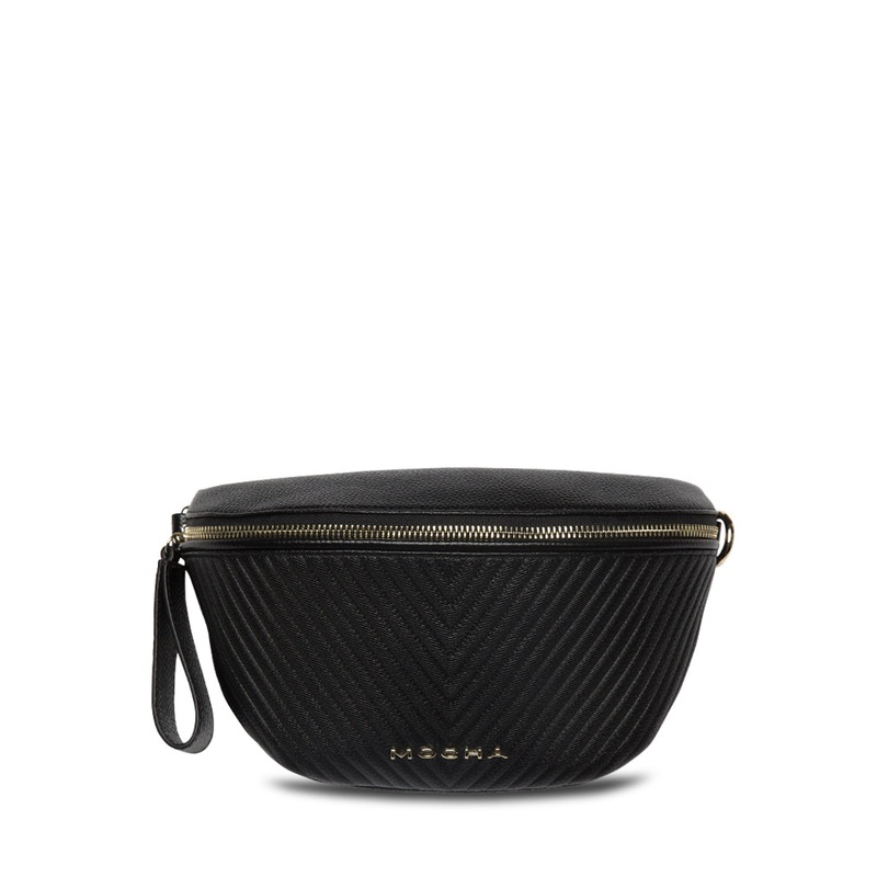 Mocha Chevron Leather Bum Bag- Black/ Lg