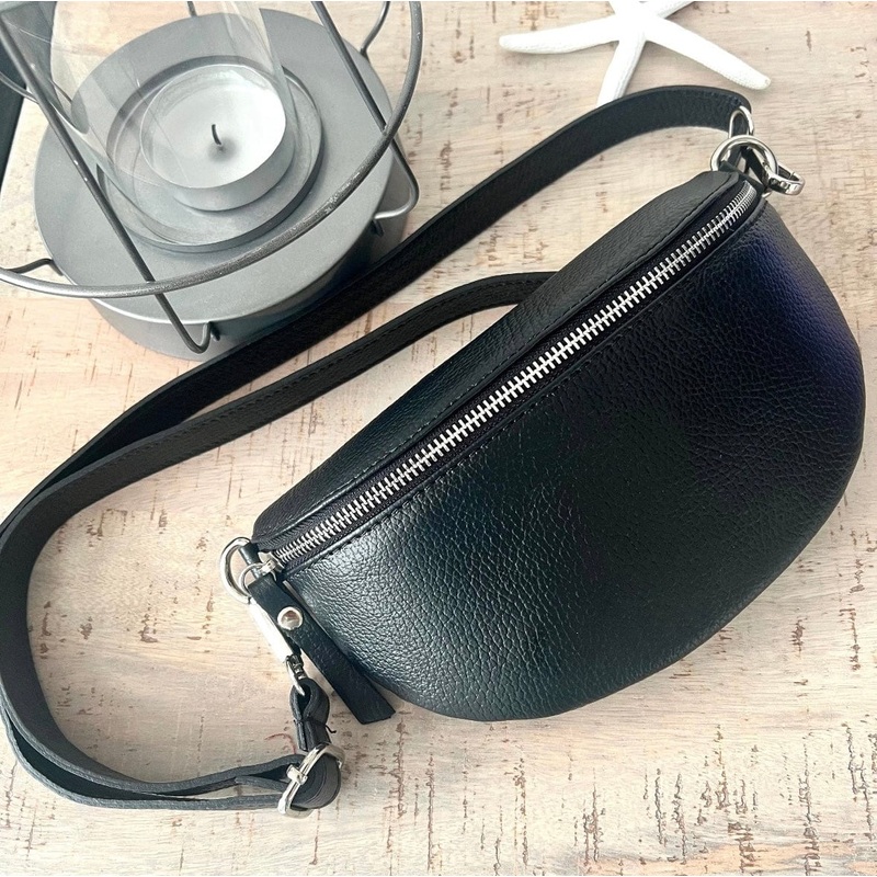 Black Genuine Italian leather Bum Bag / Chest Bag / Sling Bag