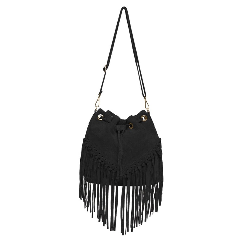 Black Leather suede fringed tassels bucket bag / handbag