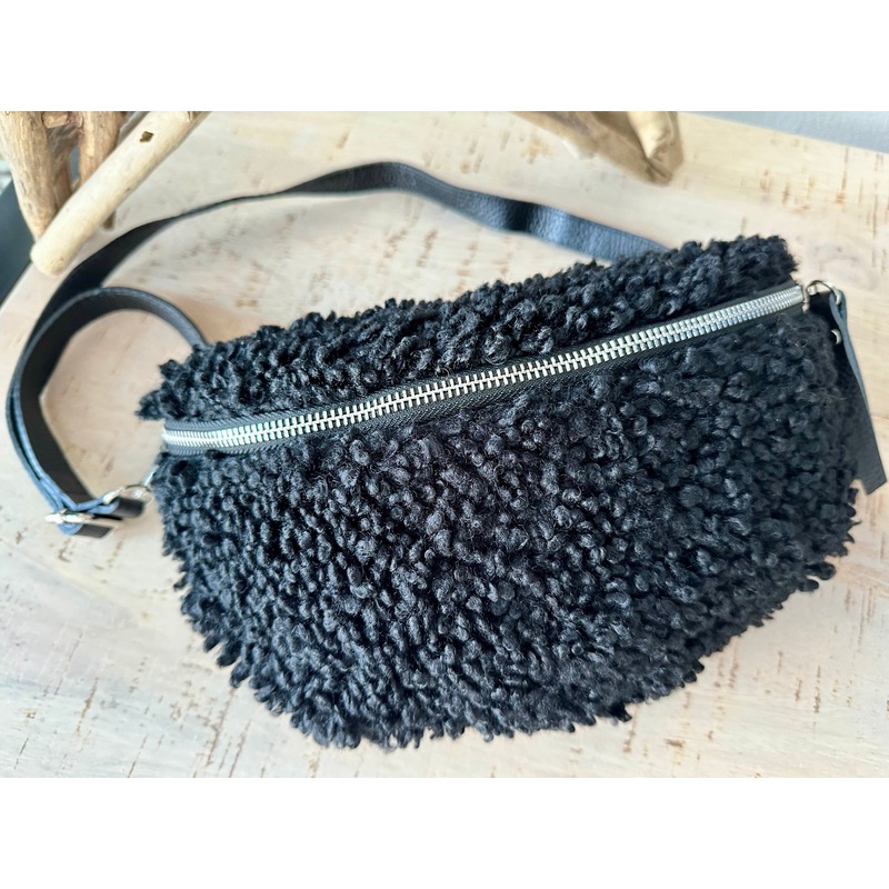 Black Teddy Sling / Bum Bag , with Genuine Leather Strap and Tags .
