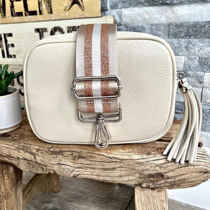 Cream Italian leather camera style crossbody bag with wide strap combo