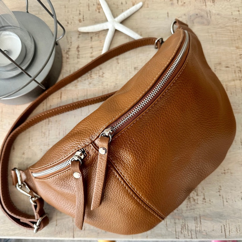 Dark Tan Brown Italian Leather Sling Bag / Chest Bag.