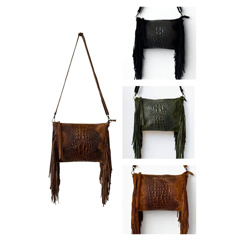 Genuine Suede Leather Shoulder Crossbody Bag with Tassel Fringing .