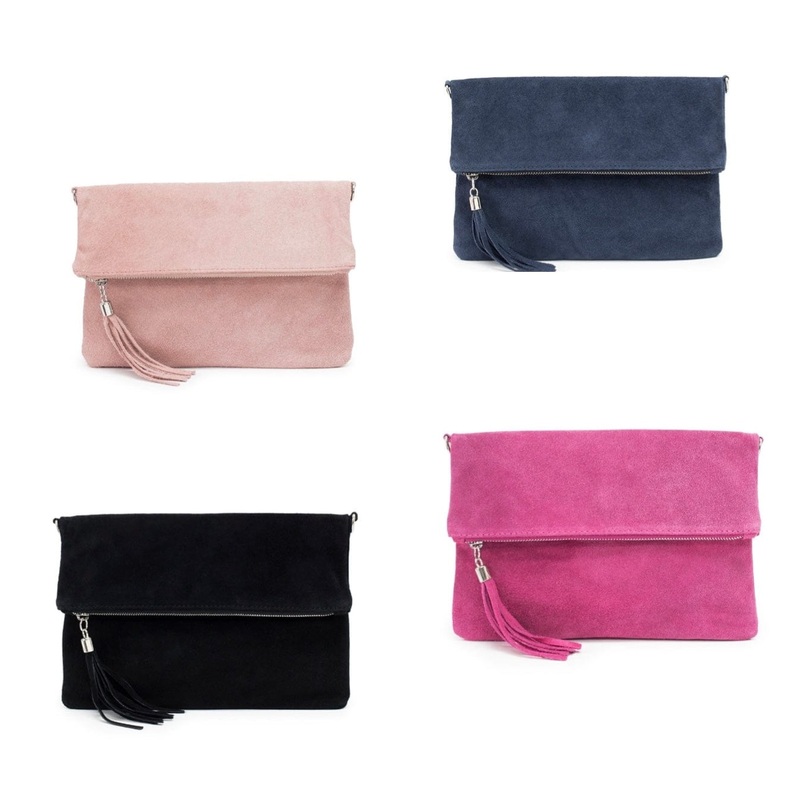 Italian Suede Leather Fold Over Clutch Bag with Tassel.