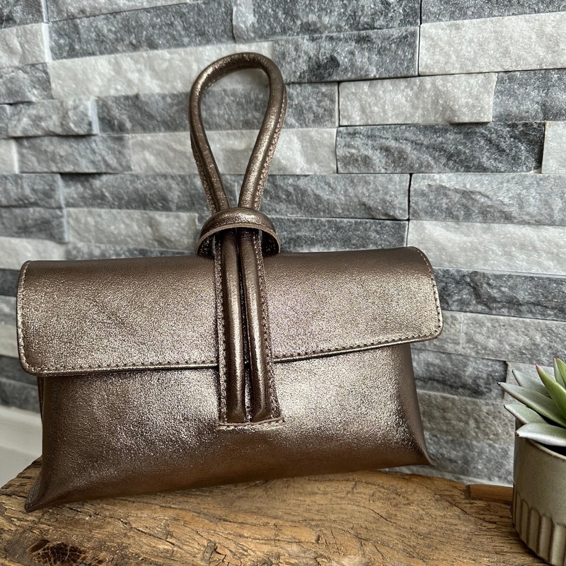 Metallic Bronze Italian Leather Clutch Bag, Evening Bag with a Loop Handle