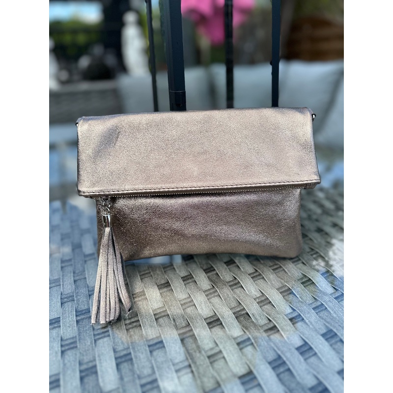 Metallic Bronze Italian Leather Fold Over Clutch Bag
