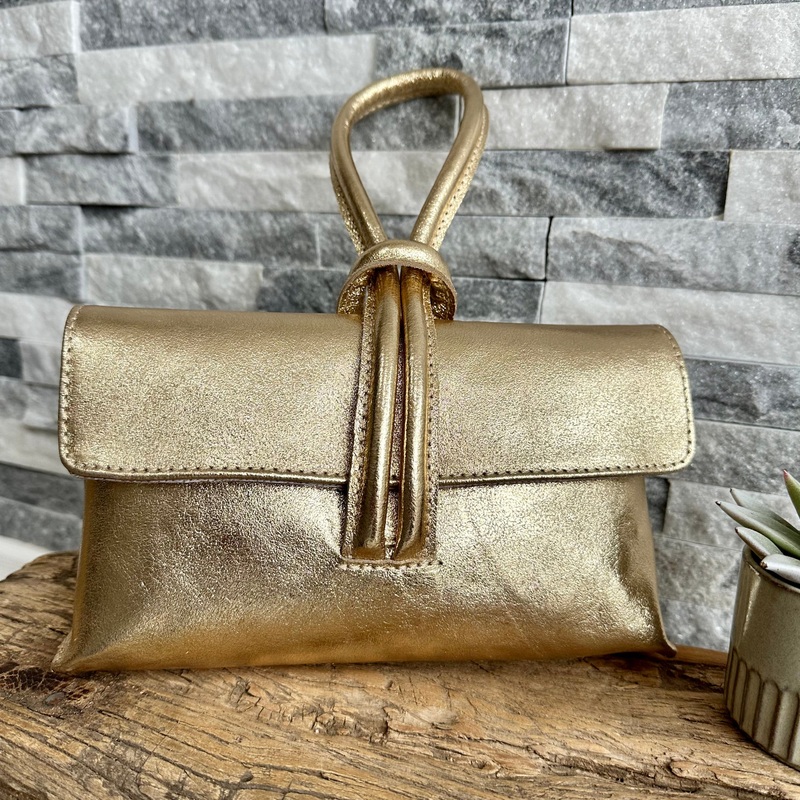 Metallic Gold Italian Leather Clutch Bag , Evening Bag with a Loop Handle