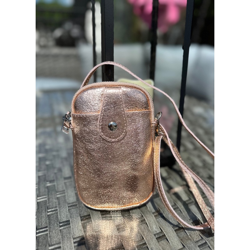 Metallic Rose Gold Italian Leather Small Crossbody Phone Bag