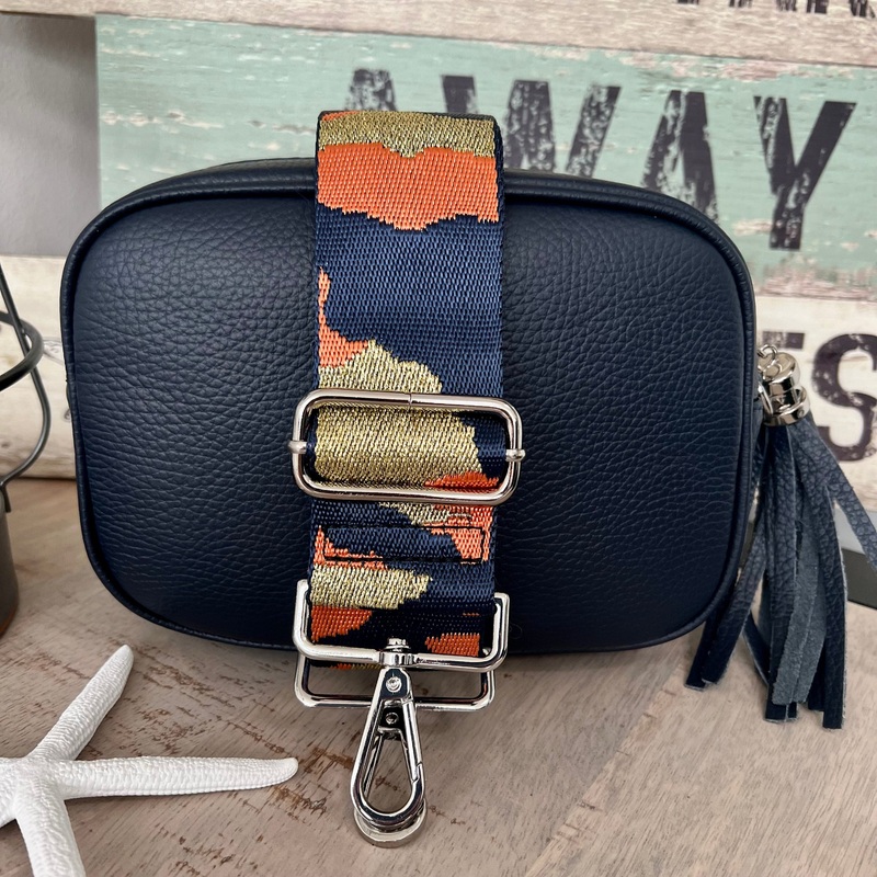 Navy Italian leather camera style bag with a wide woven strap combo