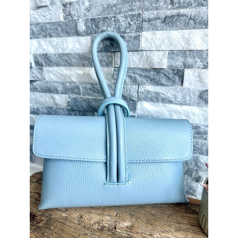 Pale  Blue Italian Leather Clutch Bag , Evening Bag with Loop Handle