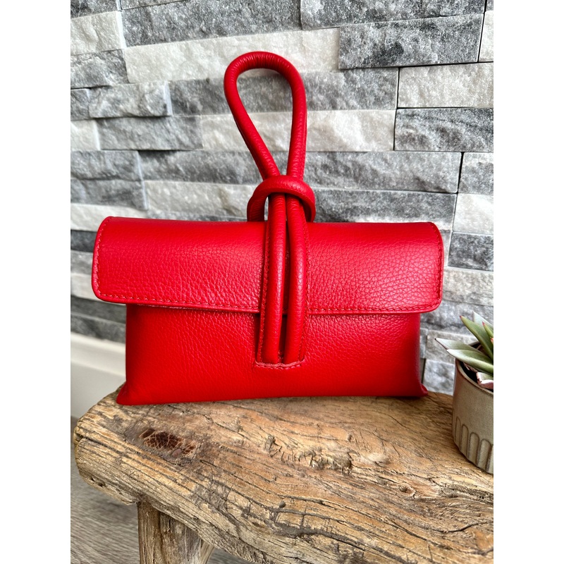 Red Italian Leather Clutch Bag, Evening Bag with Loop Handle