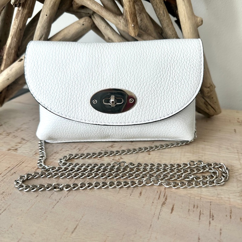 Small White Italian Leather Clutch / Crossbody / Handbag with Twist Lock
