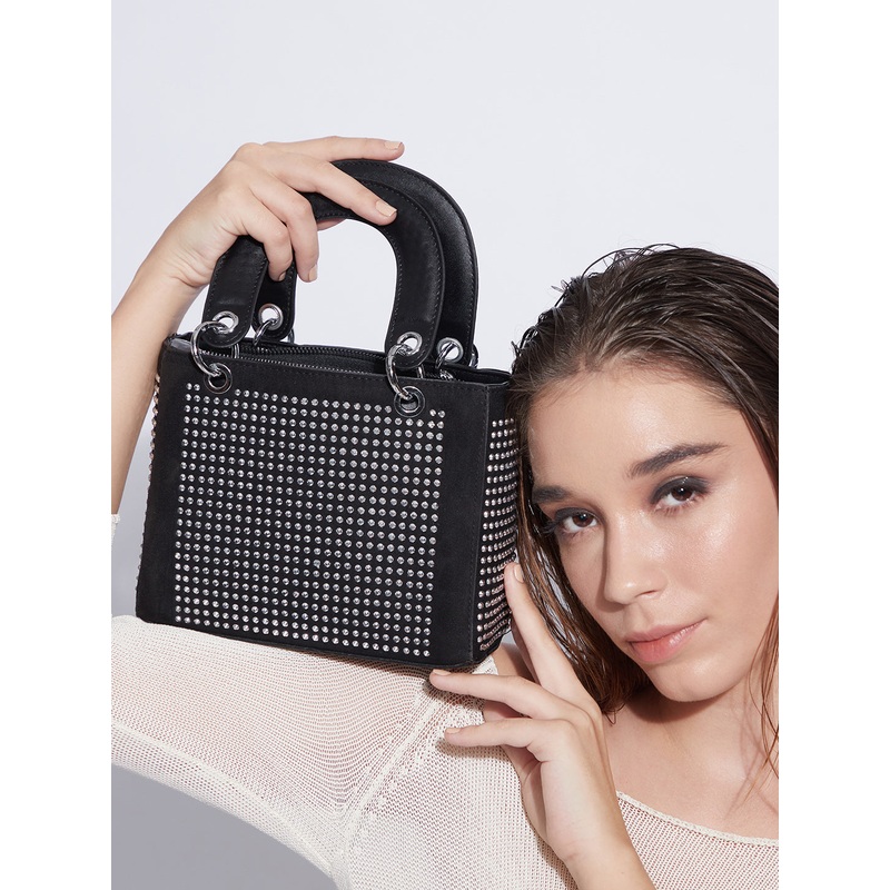Rhinestone Top Handle Handbag - Black
