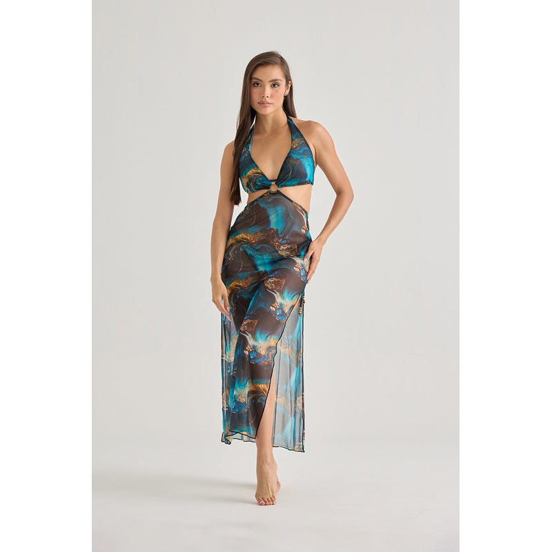 Blue Marble Mesh Halter Dress  Sheer, Flowy & Resort-Ready
