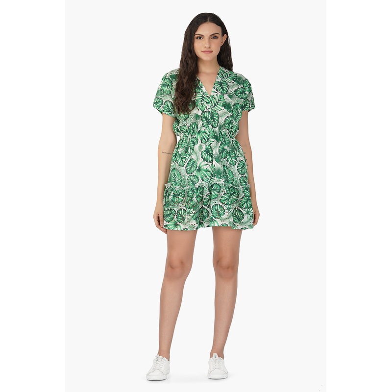 Green Palm Printed Short Dress