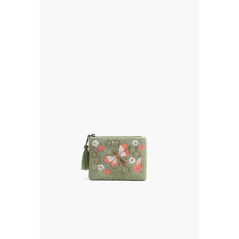 Olive Green Beaded Bee Embellished Mini Pouches