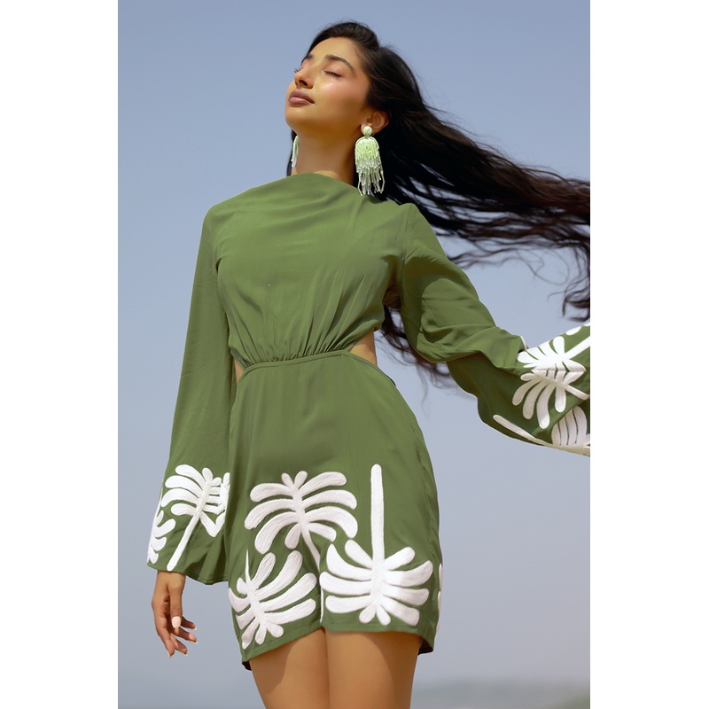 Palm Tree Embroidered Olive Dress