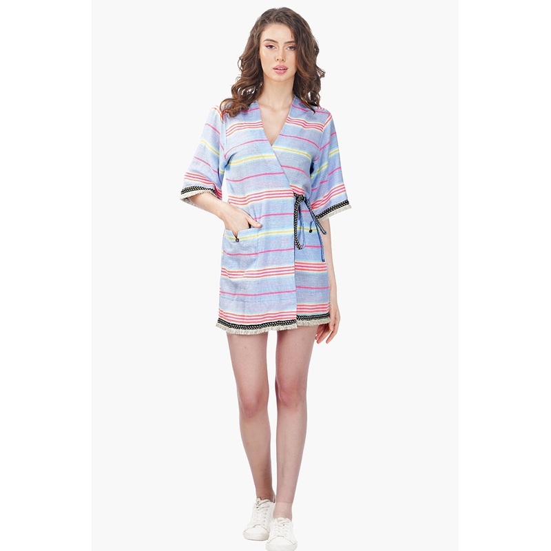 Samantha Striped Lace Kimono with Tie Waist