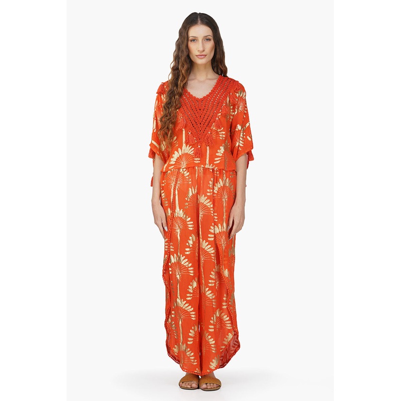 Sunset Palm Foil Tassel Blouse